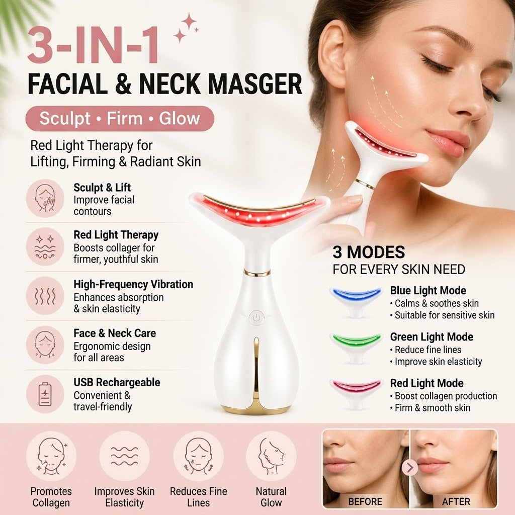 Masseur Visage LED Anti-Âge Chauffant — Repulpe et Raffermit en 5 Minutes